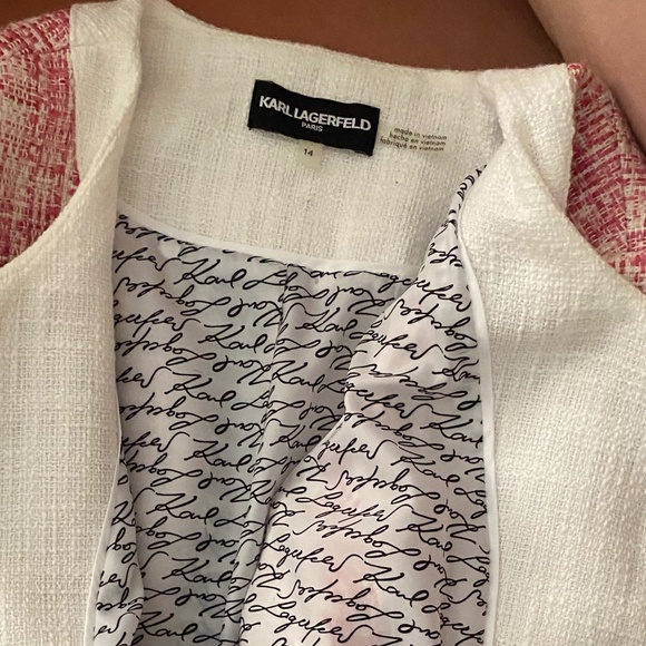 Karl Lagerfeld Paris Pink+White Tweed  Zip Front Jacket Size 14 - Picture 8 of 9